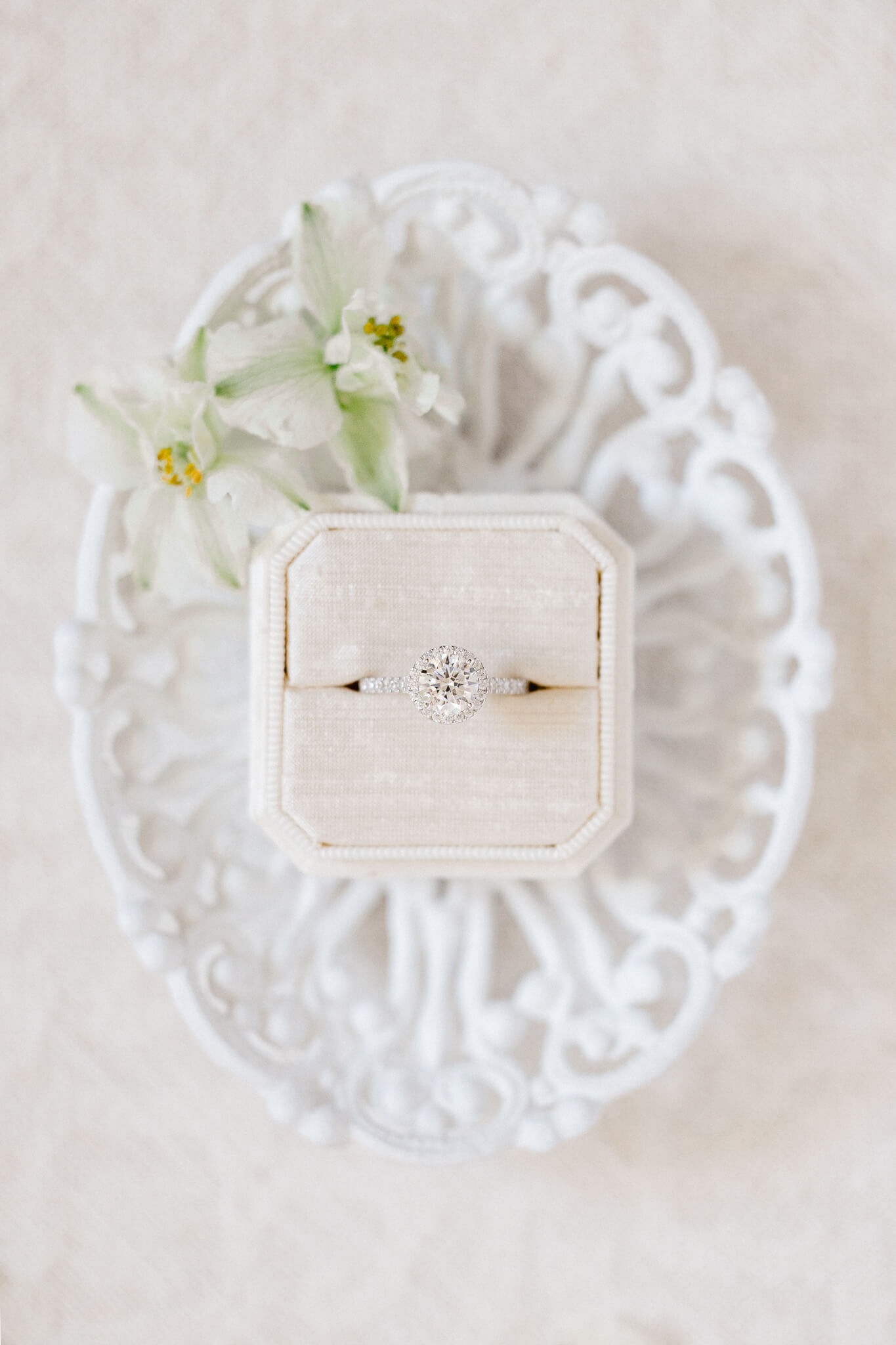 wedding ring in ring box with flowers
