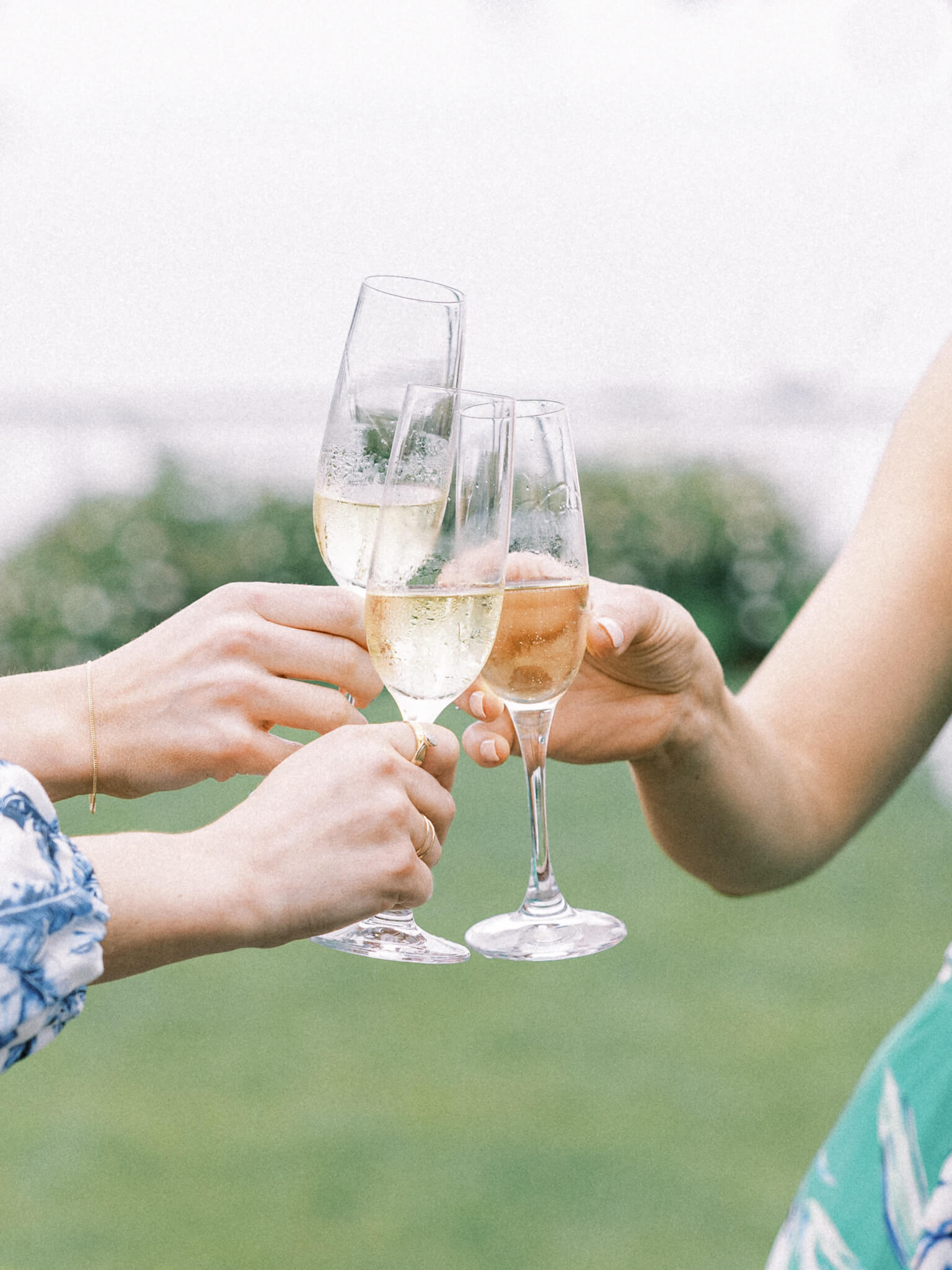 Close up of three champagne glasses being clinked together for a toast by three female wedding guests