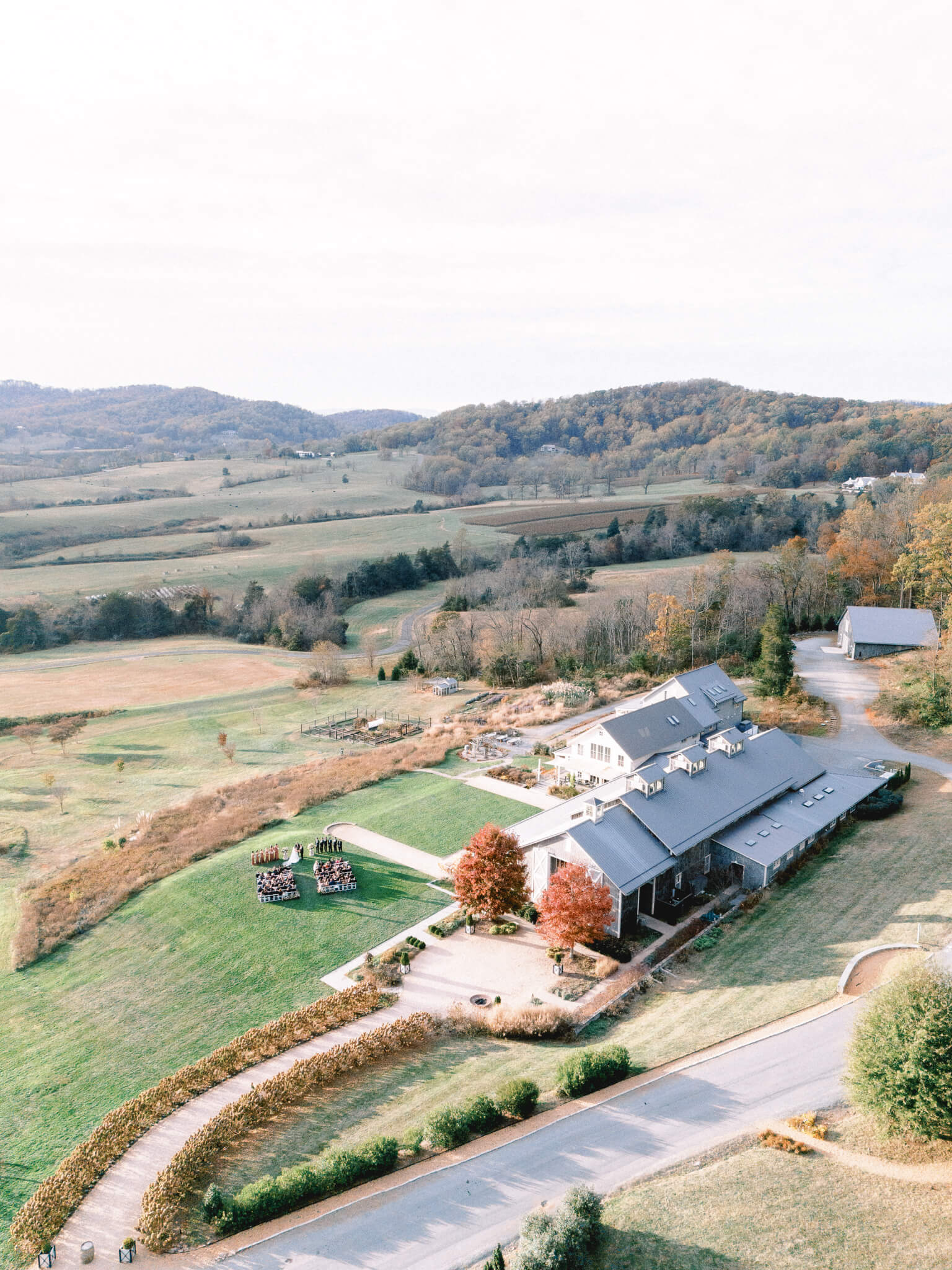 Drone view of Pippin Hill wedding venue during a ceremony.