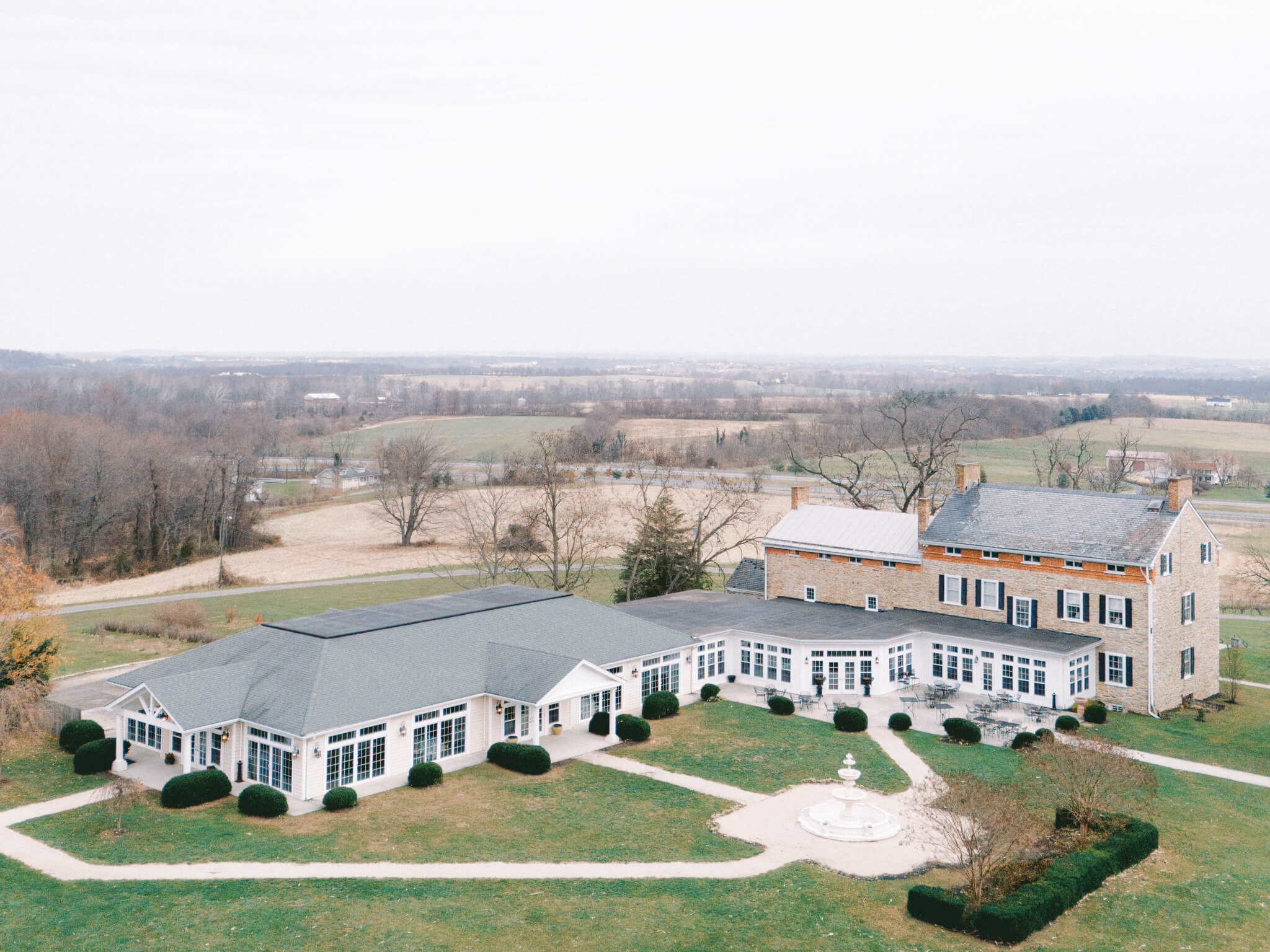 Aerial View of Springfield Manor on a foggy winter day.