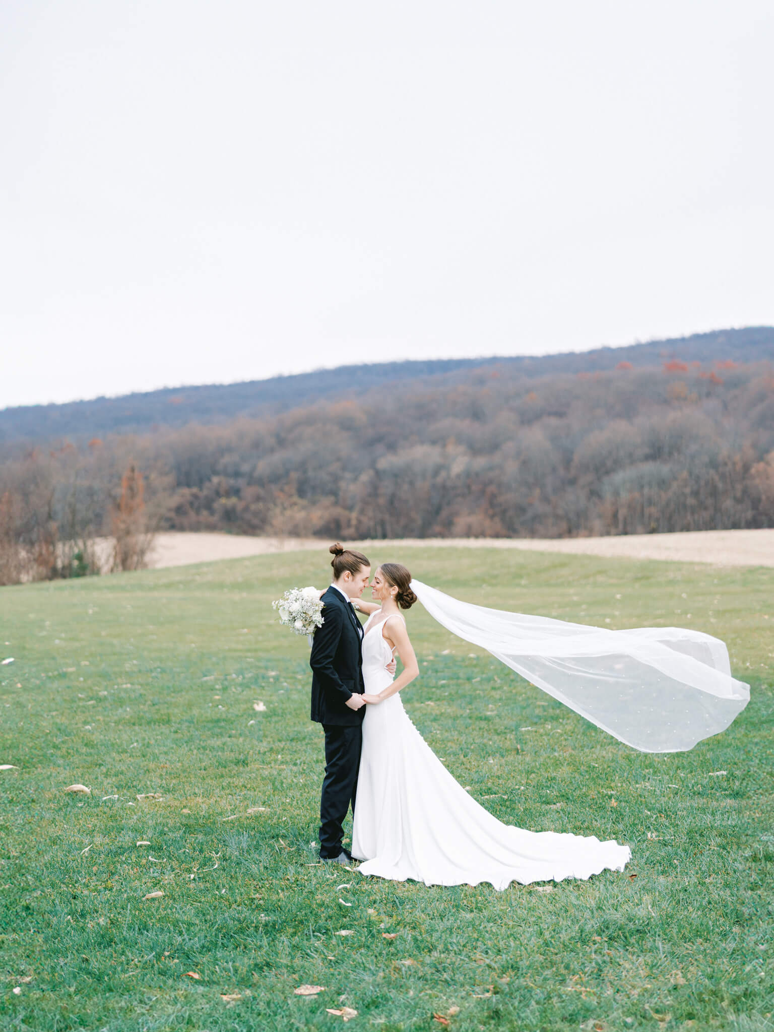 A groom holding his bride, while her veil floats in the breeze in front of mountain views.
