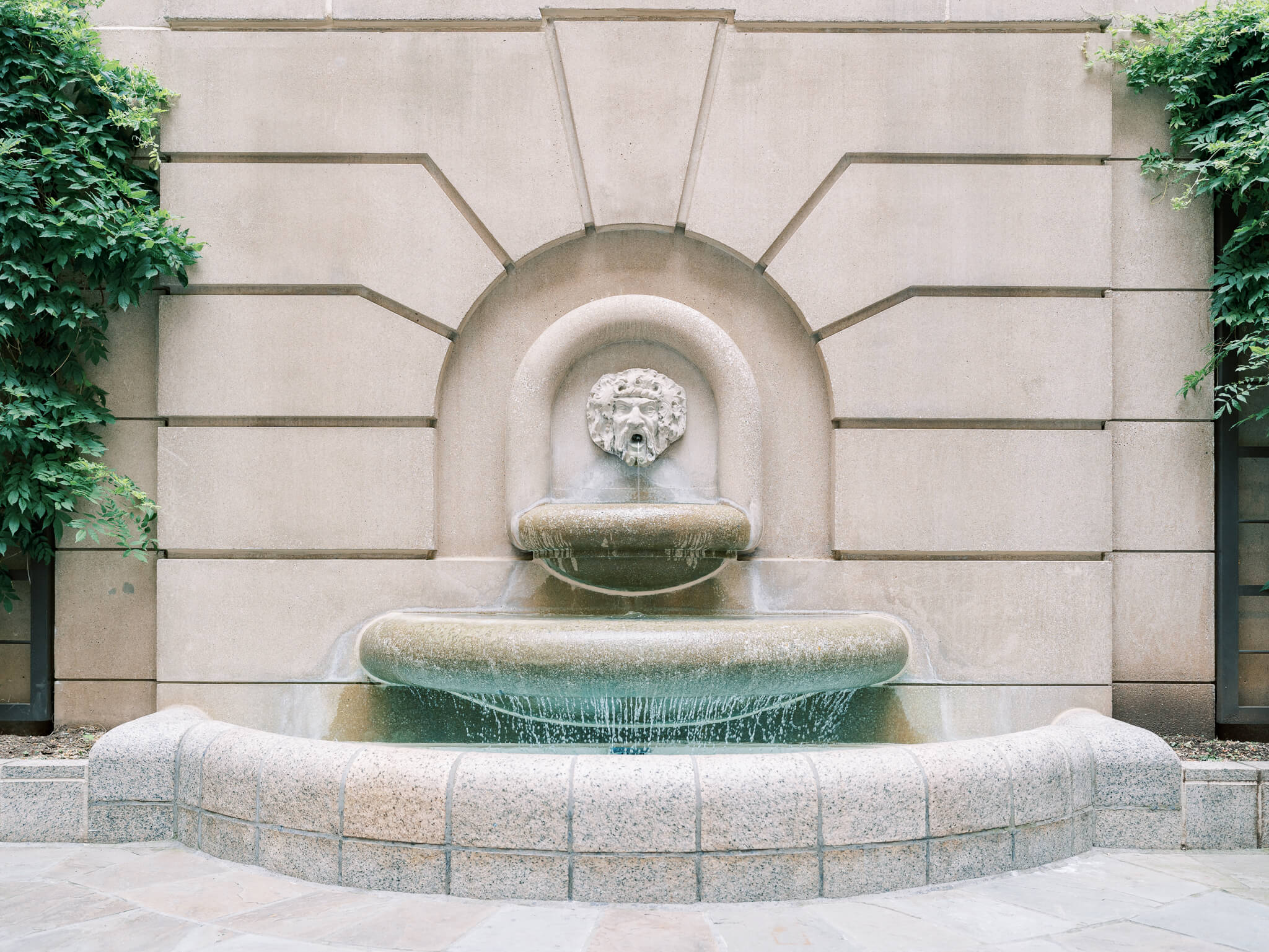 The stone water fountain wall at in the courtyard of the Westin, Georgetown in Washington, D.C.