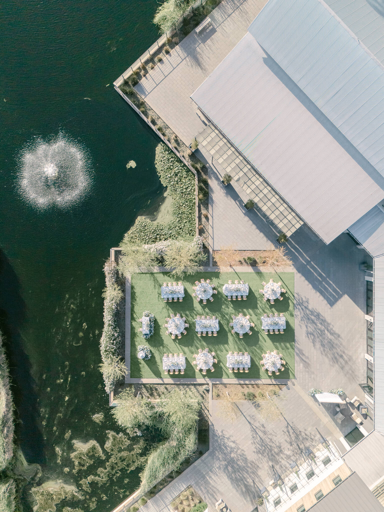 Drone image of a reception space at a destination wedding weekend.