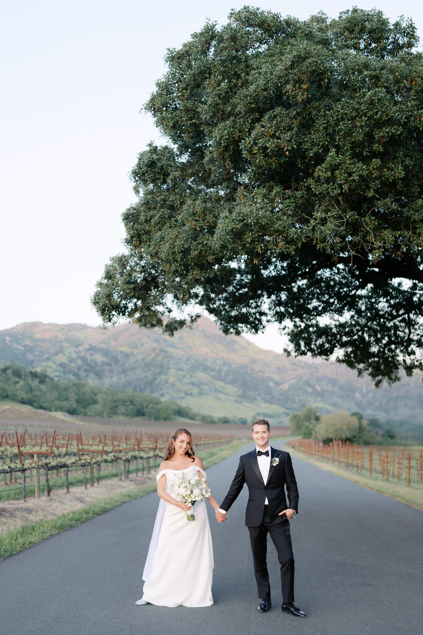 A bride and groom standing holding hands at sunset with vineyards and mountains in the background.