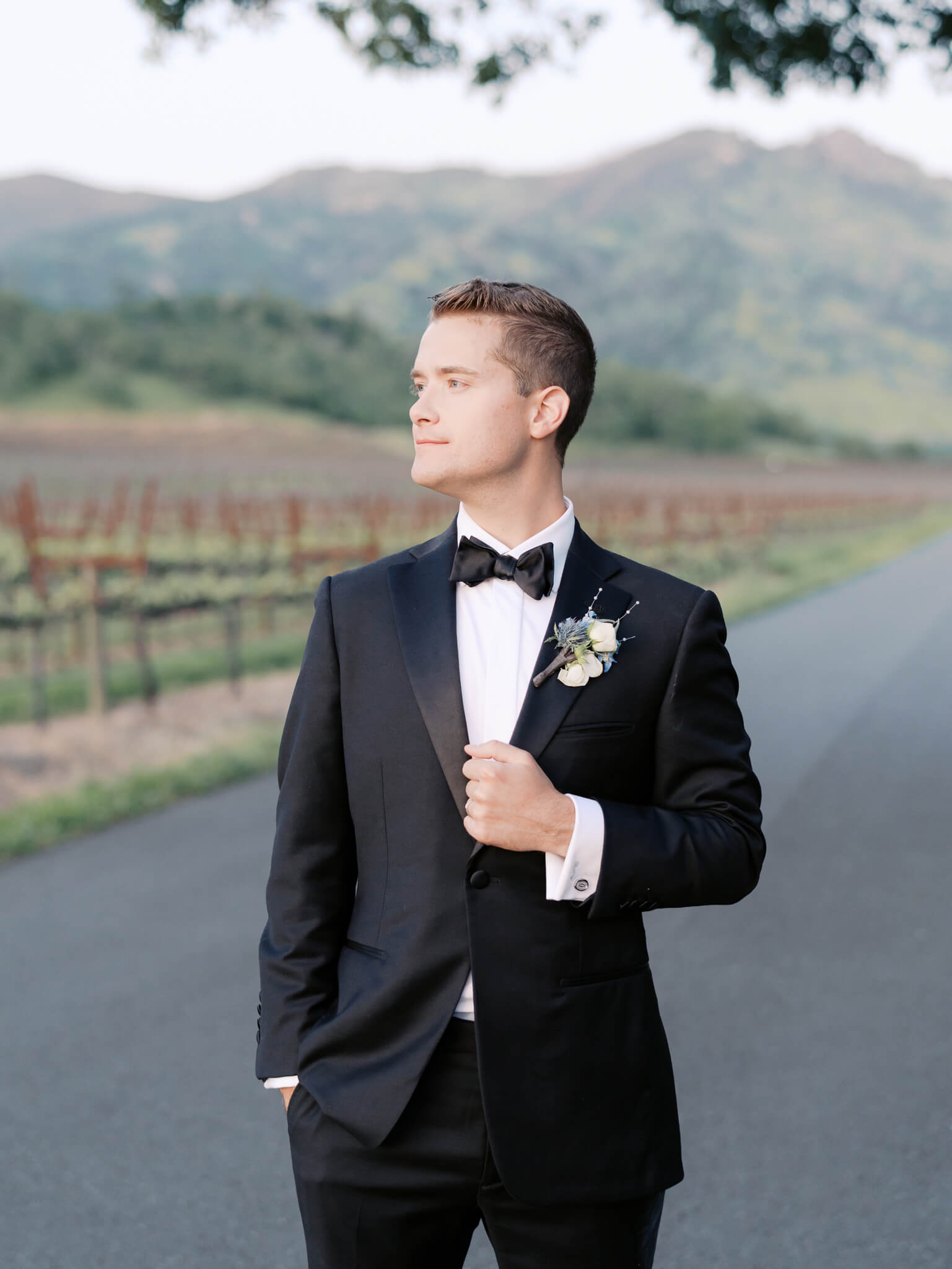 Closeup of a groom in a black tux with mountains and vineyards in the background.