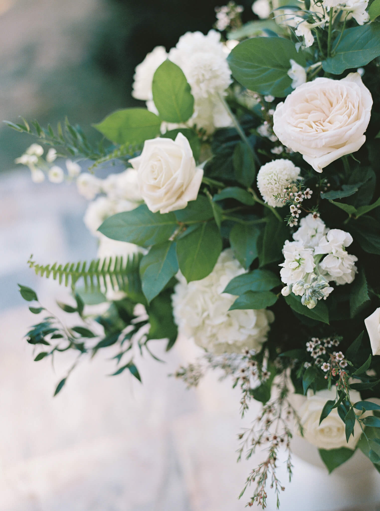 Closeup of greenery and white florals at a Rust Manor House wedding.